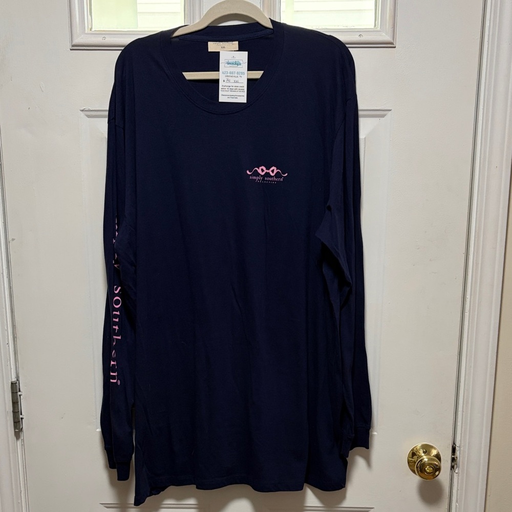 Simply Southern Navy Long Sleeve Tee with Pink Logo